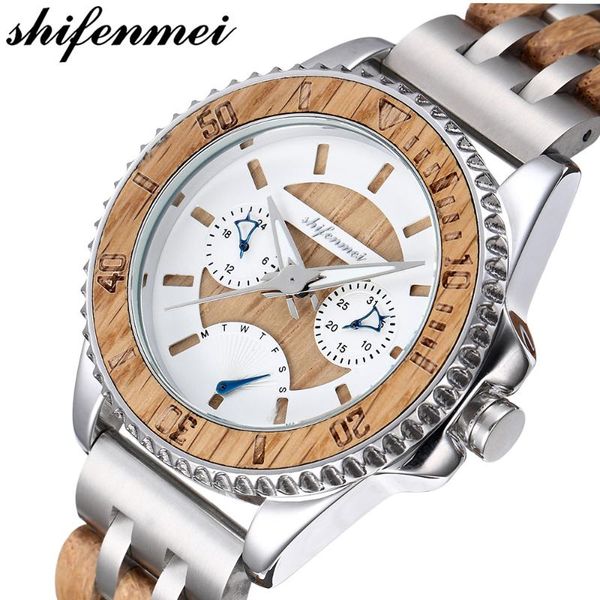 

wristwatches mens watches 2021 wood alloy personalized watch for father's day multi-function 12/24h calendar week handmade, Slivery;brown