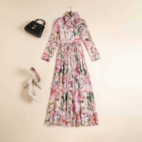 

casual dresses and american female european wear summer long floral sleeve style scarf impression pink fashion neck pleated dress 53gs, Black;gray