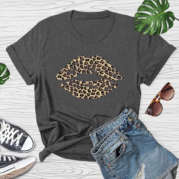 

lips leopard printing casual o-neck short mouths slender summer camiseta mujer t-shirt women's koszulka damska, White