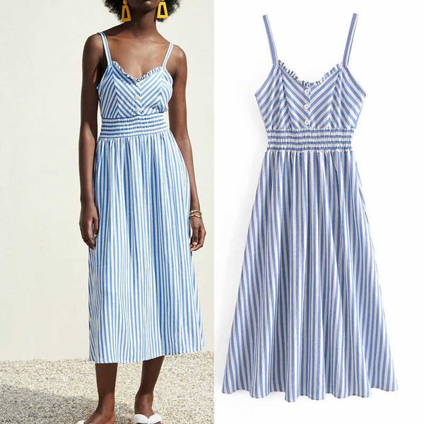 

dress za summer fashion striped v-neck strap blue women casual chic street youth party elegant women dress 210601, Black;gray
