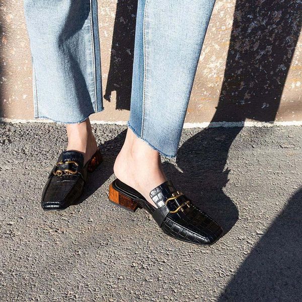 

sandals genuine cow leather muller slippers comfortable and convenient women's shoes mid heels women mueller, Black