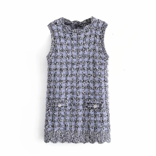 

Vintage 2021 New French Blue Plaid Sweater Women Sleeveless Winter Mini Knitted Dress Woman Slim Elegant Dresses Iny5 D498, Black;gray