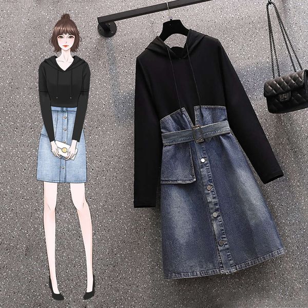 

spring 2021 big size women's show thin fat sister french meat cover age reduction denim stitching dress, Black;gray