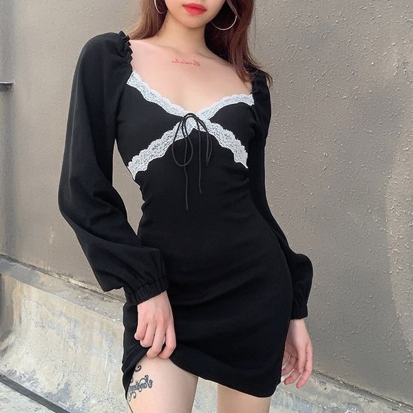 

womens lace tie-up patchwork long sleeve dress solid color black deep v neck ruffle spring autumn cocktail party dress 210309, Black;gray