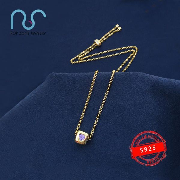 

popzone s925 sterling silver golden yellow square inlaid heart necklace female fashion personality banquet style jewelry gift