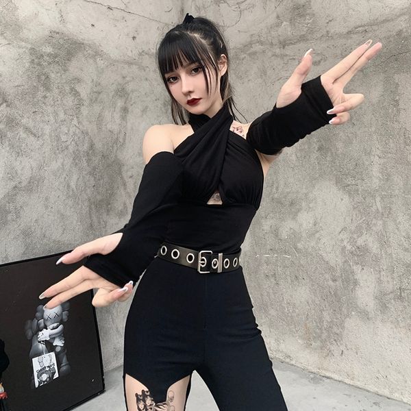 

backless camis goth bodycon cross halter camis vintage aesthetic with glove sleeve cropped women clubwear, White