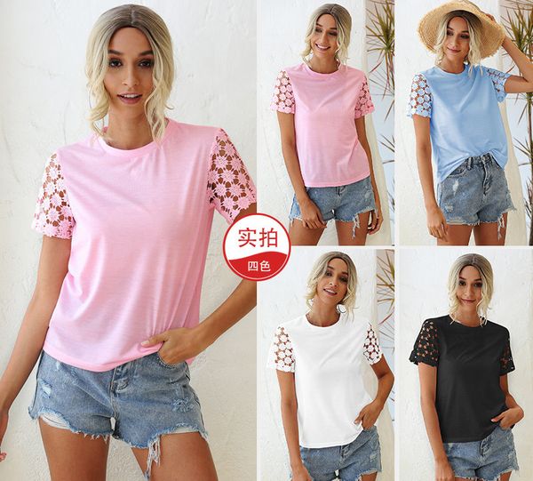 

2021 new fashion summer tshirt women womens solid t-shirt o-neck crochet hollow sleeve t shirt tee harajuku shirts woman plus bo38, White