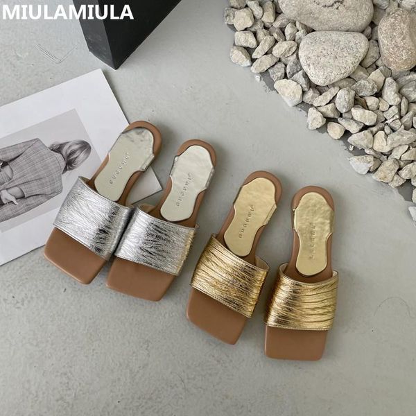 

2021 summer new fashion square toe golden sliver flat slippers brand designer socofy slip on loafers mules flip flops beach shoe, Black