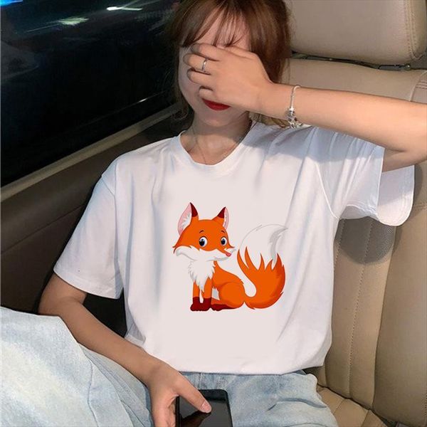 

summer cartoon fox printed men t shirts and womens women short sleeve plus casual o neck lady leisure fashion tshirts, White;black