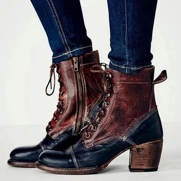 

boots women ankle big size high heels warm lace up booties gladiator vintage pu leather shoe ladies botas mujer hp2543, Black