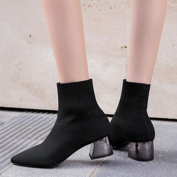 

boots woman coarse heel short 2021 knitting sharp elastic force socks single, Black