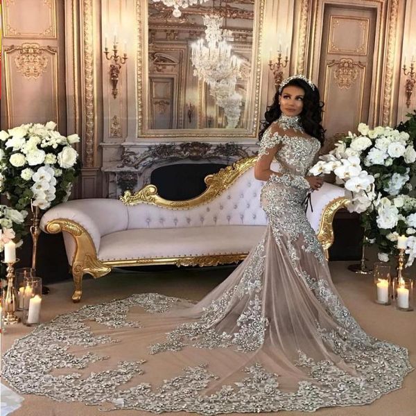 

dubai arabic luxury sparkly wedding dresses bling beaded lace applique high neck illusion long sleeves mermaid bridal gowns ba6703 vdhc, Black;brown