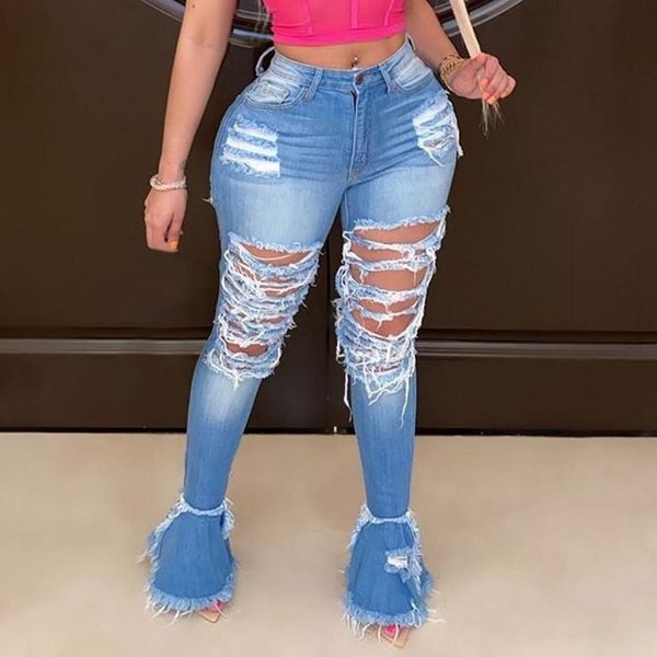

2020 summer denim women retro solid gat jeans ripped flare street ny high taille lady broek, Blue