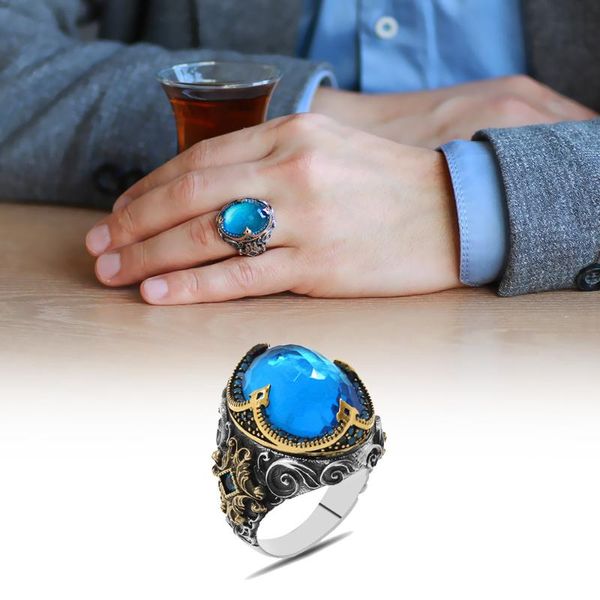 

cluster rings tesbihane facet aqua zircon king crown design 925 sterling silver men 's ring, Golden;silver