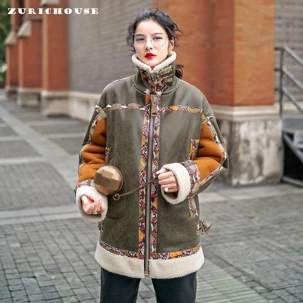 

women's leather & faux zurichouse brand fur jacket women fashion snake-print splice loose warm lambwool coat 2021 winter fleece, Black