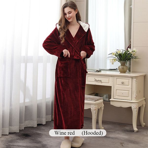 

2021 New Women Winter Hooded Warm Woolen Robe Thicken Loose with Bands Soft Homewear Kimono Solid Ankle Length Sleepwear Robes XNCS, White