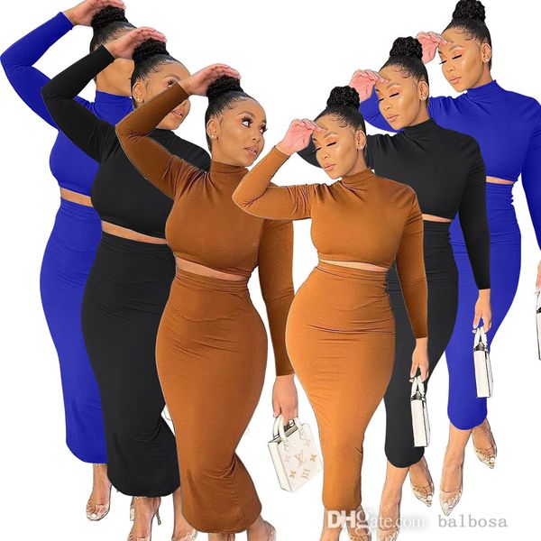 

womens two piece dress autumn skirt set fashion solid color dresses high collar long sleeve nightclub wear plus size s-xxl, White