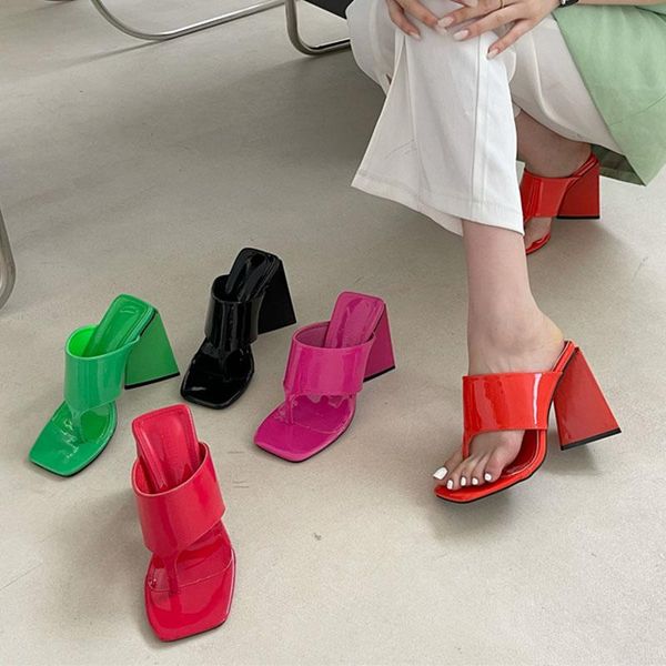 

slippers 2021 summer women patent leather green red sandals square toe thick-soled ladies high heels flip flops party shoes, Black