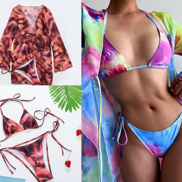 

glamorous bikini 3-piece tie dye printed blouse swimsuit, White;black