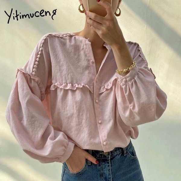 Yitimuceng ruched blusa button para cima camisas unicolor damasco rosa primavera coreano moda comestível árvore fungo tops 210601