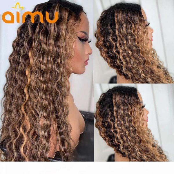 

highlight color deep curly human hair lace front wig brazilian remy hd transparent lace frontal wigs pre plucked 150% density, Black;brown