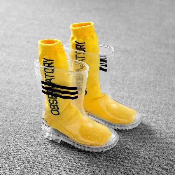 Crianças meninos meninas Rainboots transparentes sapatos de chuva impermeáveis ​​com meias estudantes criança bebê criança botas antiderrapante tamanho 24-36 211108