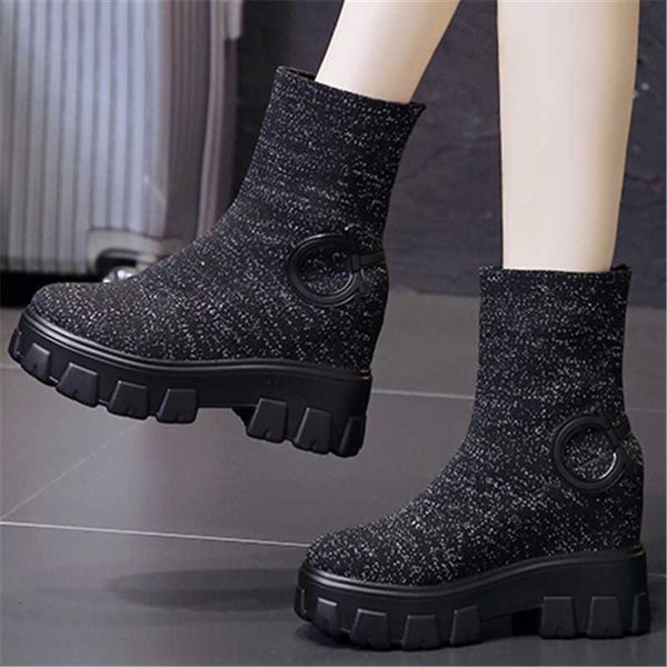 

boots autumn winter ankle round toe women platform internal increase woman botas mujer motorcycle boot, Black