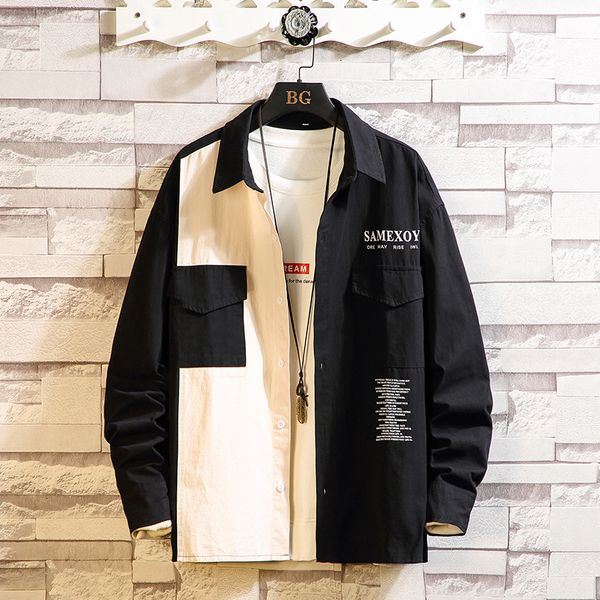 

brand 2021 spring autumn long sleeves new black white collar korea style patchwork shirt for men's clothes sw9v, White;black