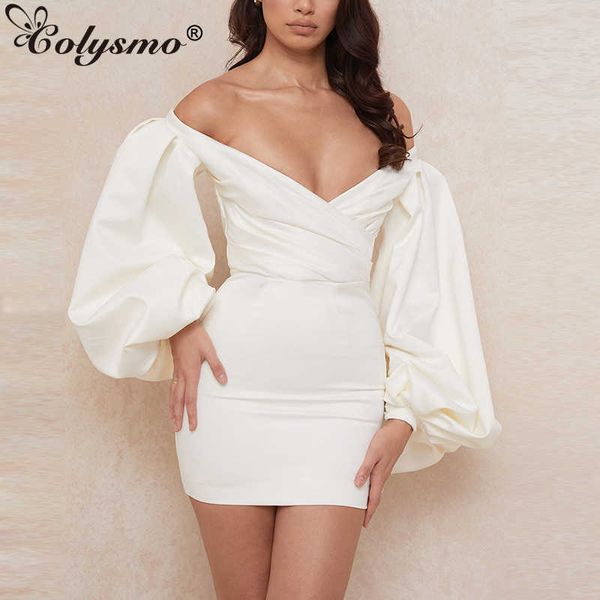 Colysmo Mini-Satin-Kleid, 2 Schichten, Laternenärmel, V-Ausschnitt, Reißverschluss, gerüscht, figurbetont, weiß, Sommer, Frau, elegant, schick, Party-Robe 210527