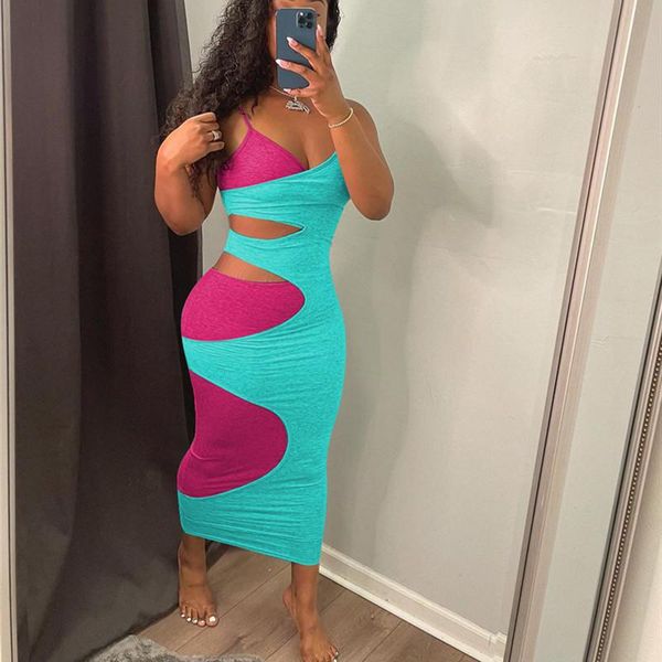 

casual dresses women summer slip maxi bodycon dress color block hollow-out spaghetti strap sleeveless sheath causal clothes, Black;gray