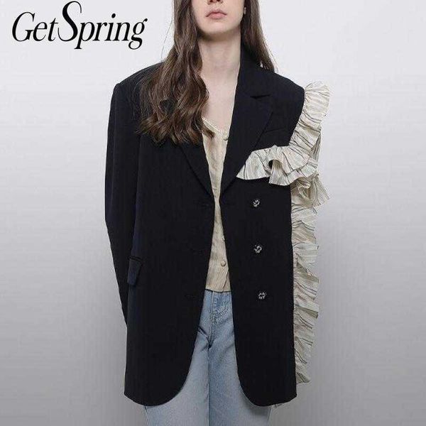 

getspring women blazer patchwork asymmetry color matching blazers jackets irregular ruffle stripe vintage suit coats 210601, White;black