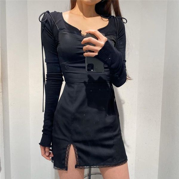 

casual dresses women summer black dress spaghetti strap pleated chest sleeveless high waist tight splitting hem short, Black;gray