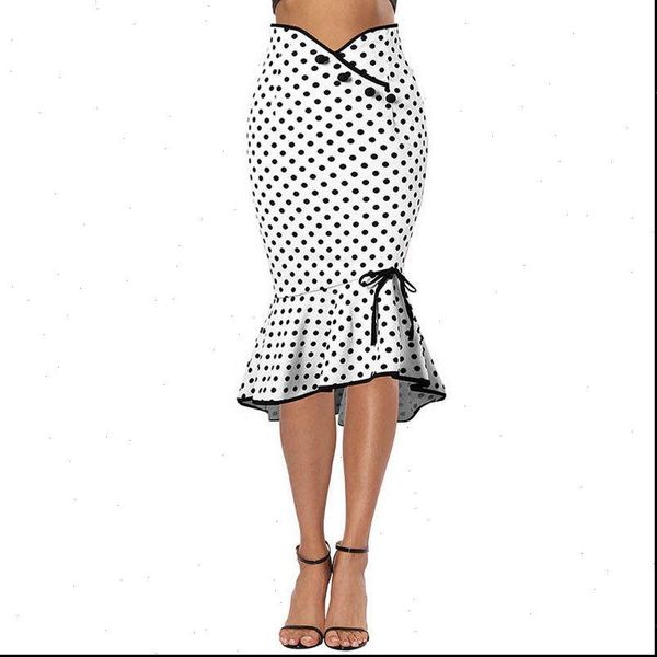 

white polka dot skirts women ladies high waist bowknot mermaid long skirt female skirts asymetrical girls clothes, Black