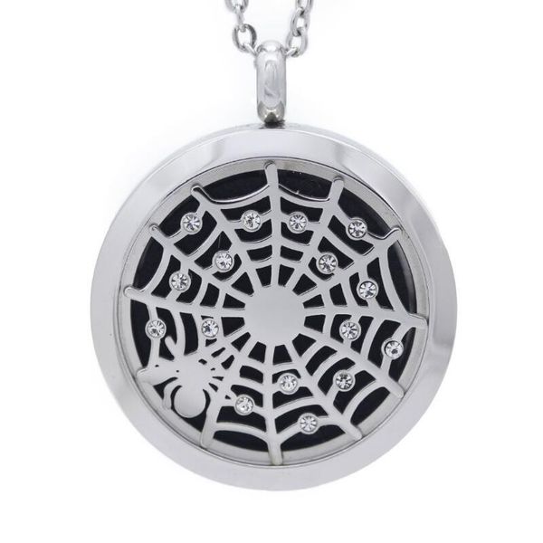 

pendant necklaces 1pc 100% real stainless steel locket necklace spider on web halloween essential oil diffuser, Silver