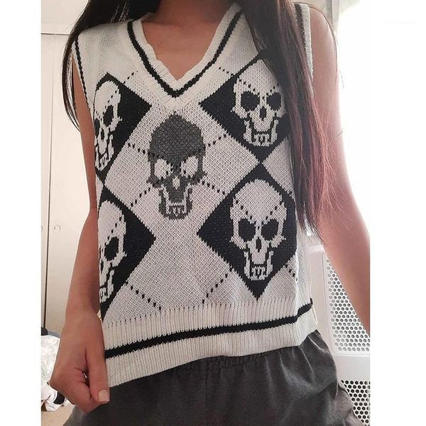 

women's vests lugentolo skull sweater vest women fall fashion loose waistcoat streetwear knitted v neck sweaters halloween, Black;white