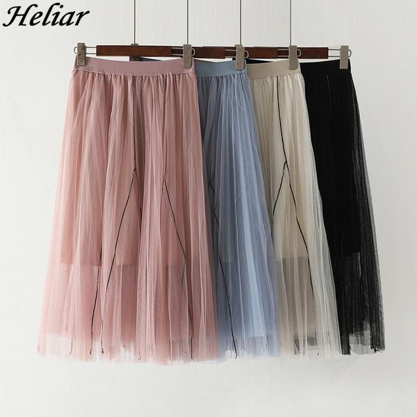 

skirts heliar long tulle women 2021 spring summer gradient sweet a-line pleated vintage lace mesh skirt design, Black