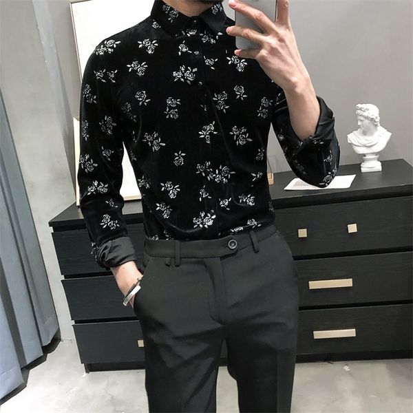 

black/green gold velvet casual spring man's floral shirts long sleeve 2021 simple fine streetwear adjustment stretched tuxedo 3xl 3j3q, White;black