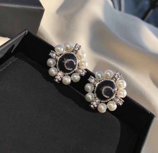 

stud earring with pearl and diamond in dk blue enamel color for women engagement jewelry gift ps3505, Golden