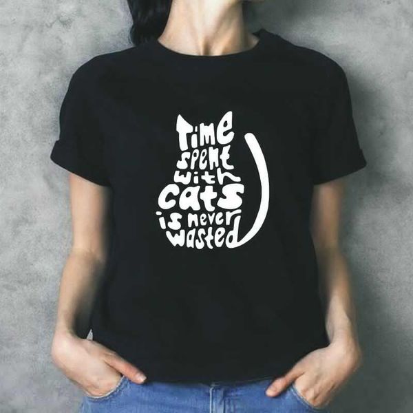 

time spemt cats is mever wasted letter print women t shirt summer short sleeve harajuku tee femme loose women's t-shirt, White