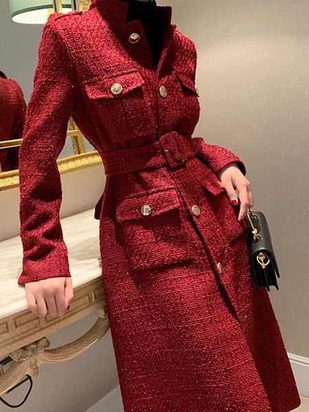 

women's wool & blends temperament red tweed coat women suit collar pockets belt waist long plaid office lady 2021 autumn winter trench, Black