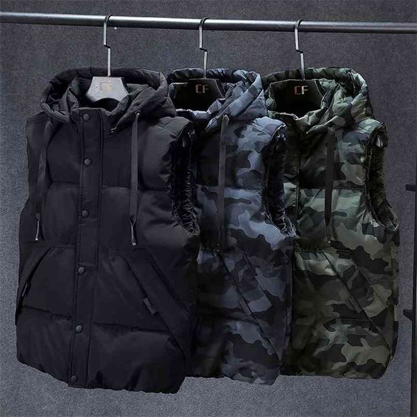 

mens winter vests men's sleeveless jacket thick camouflage vest casual hooded waistcoat male warm outwear plus size 7xl 210925, Black;white