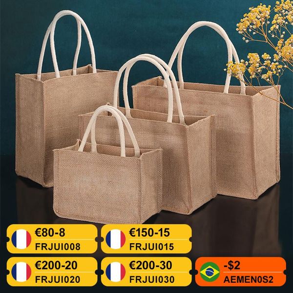 

storage bags burlap tote blank, jute beach shopping handbag, vintage reusable gift with handle for grocery crafts birthday parties