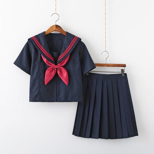 Kleidung Sets Navy Blue JK Uniform Herbst Sommer Kurz / Langarm Japanische Schuluniformen für Mädchen Sailor Plissee Rock