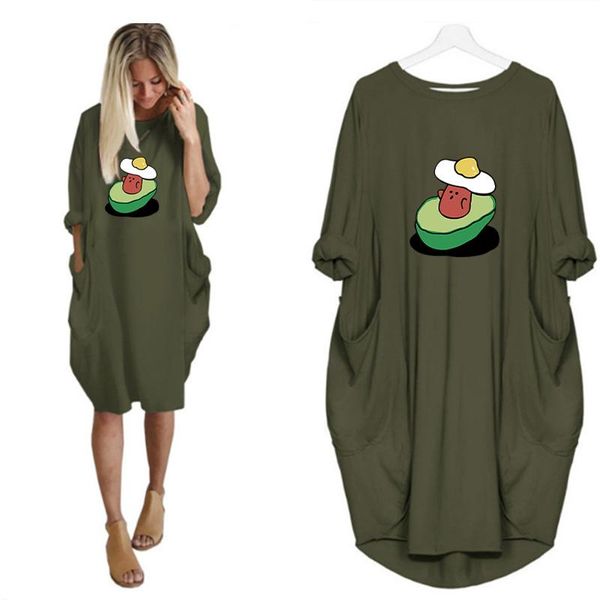 

plus size o neck women midi pocket dresses avocado kawaii print loose long sleeve autumn vintage elegant party vestidos robes, Black;gray