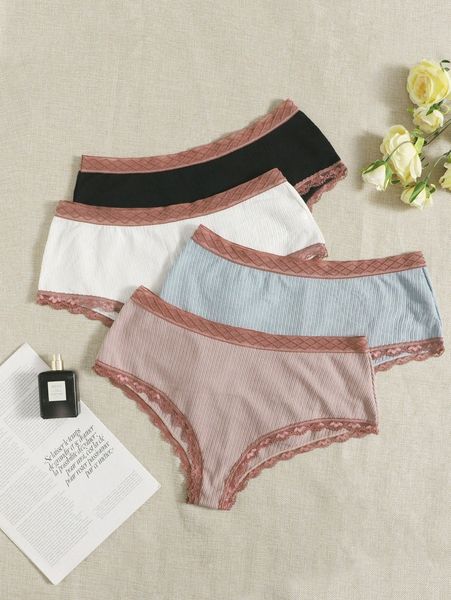 

4pack plus contrast lace panty x9af#, Black;white