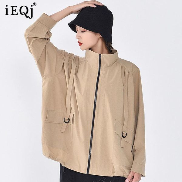 

women's jackets ieqj women big size black coat stand collar long sleeve pockets loose fit jacket fashion tide spring autumn 2021 3d0148, Black;brown