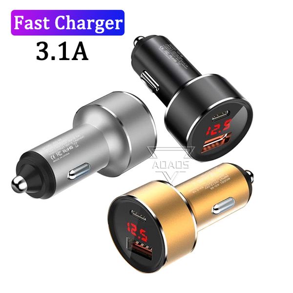 Yüksek Hızlı 3.1A Çift USB Araç Şarj Cihazları 2 Portları Tipi C PD Metal Alaşım LED Ekran Için iphone Samsung Tablet PC Kutusu Için