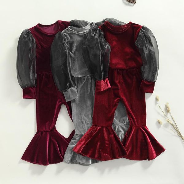 

clothing sets kids girls autumn winter clothes set solid color mesh puff sleeve pullover t shirt flare pant toddler velvet outfit, White