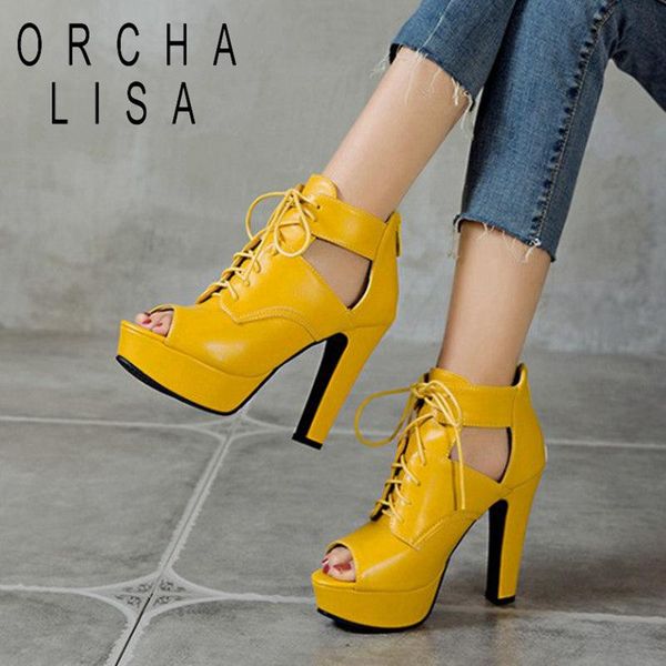 

orcha lisa new 2021 women sandals open toe 11.5cm block heels lace-up platform stylish big size 36-50 casual party a3910, Black