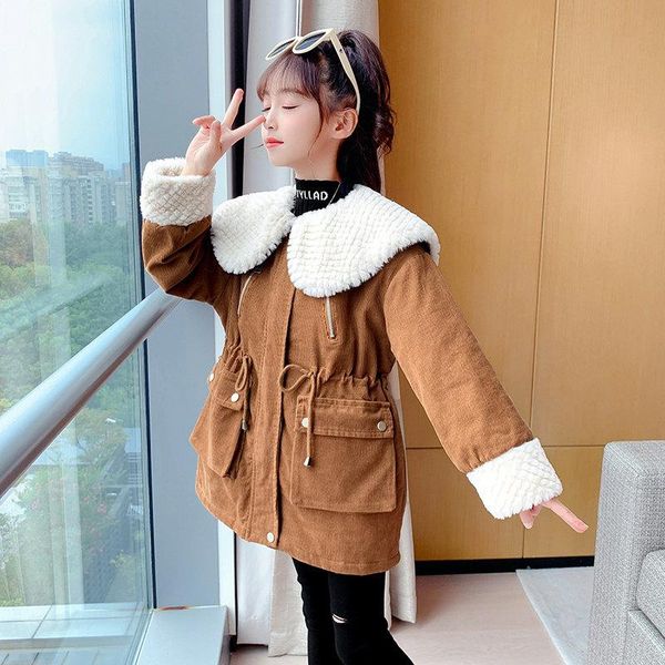 

coat 2021 casual style girls winter jacket warm thick trench with fur collar children's clothing kids parka outerwear 5-14years, Blue;gray